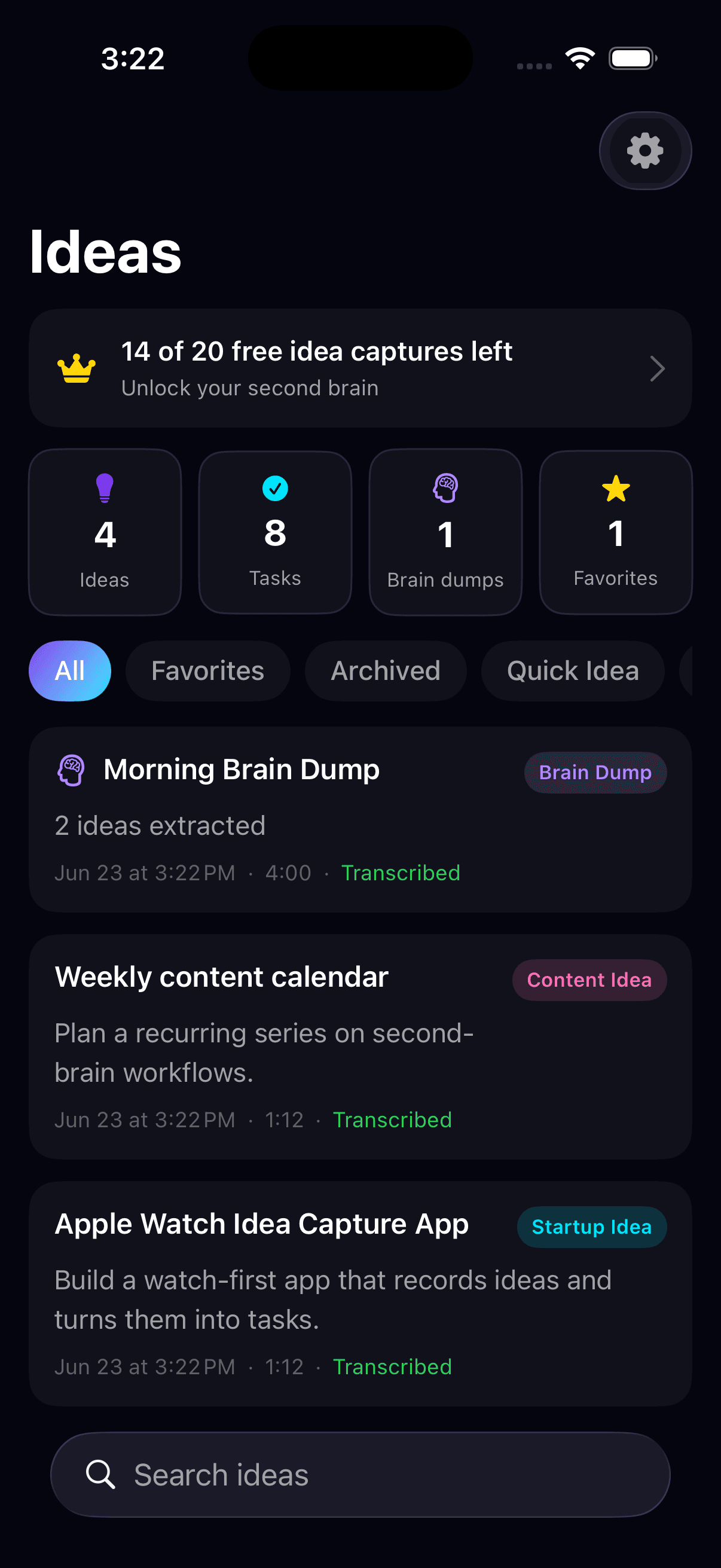 The TapMemo iPhone app showing the Ideas list with counts for ideas, tasks, brain dumps and favourites, and three transcribed recordings.