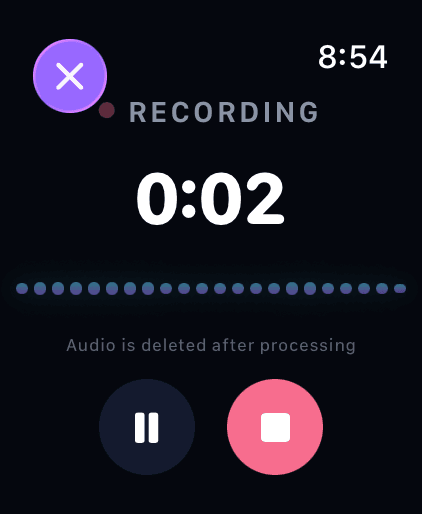 The TapMemo Apple Watch app mid-recording: a running timer, a live level meter, pause and stop, and a note that audio is deleted after processing.